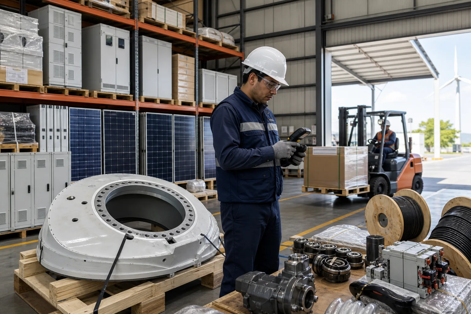 Almacén técnico con componentes para suministro industrial, eólico y fotovoltaico