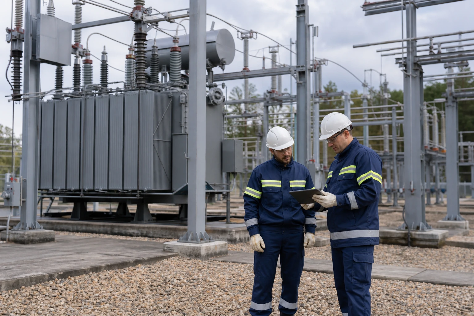 Técnicos de MURMEX frente a infraestructura eléctrica
